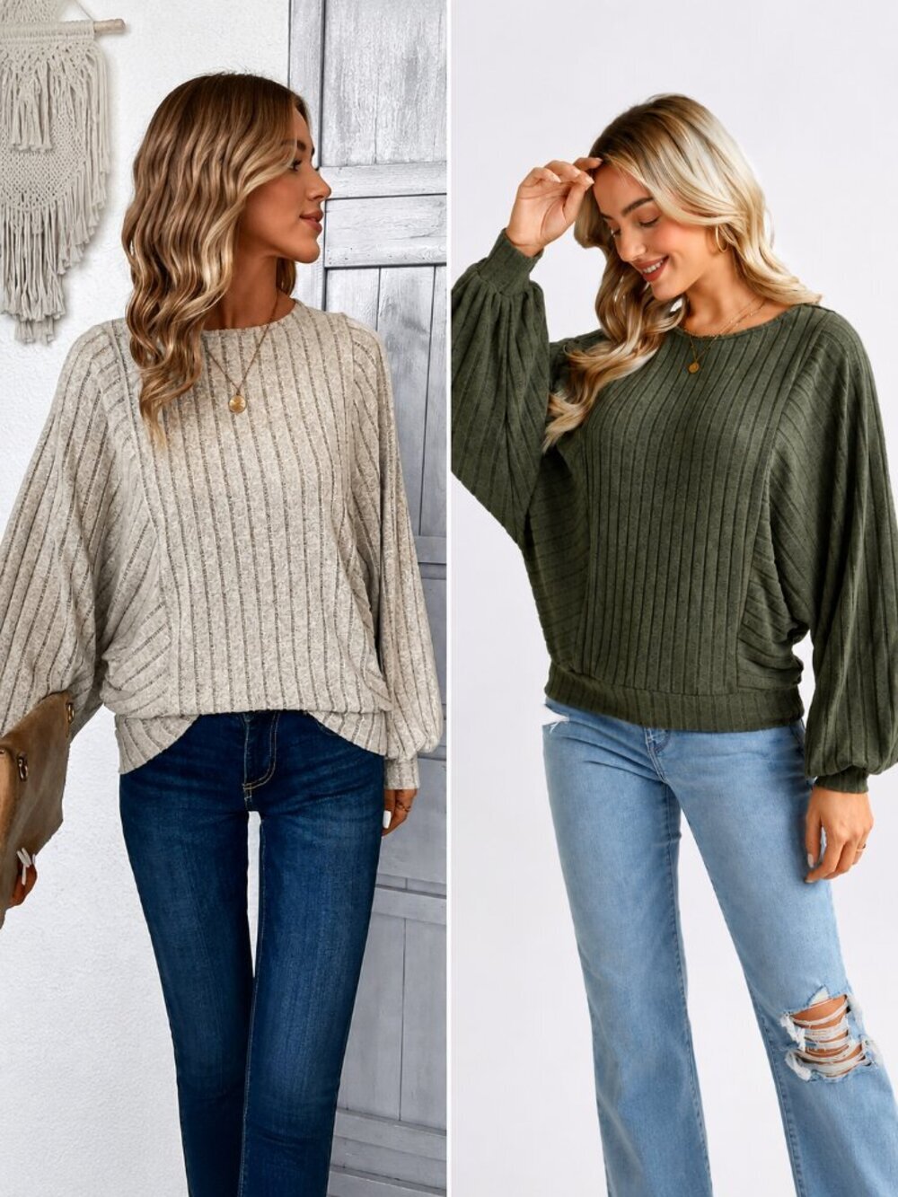 Emery Rose Set of 2 Size L Soft Rib Knit Bat Wing Sweaters